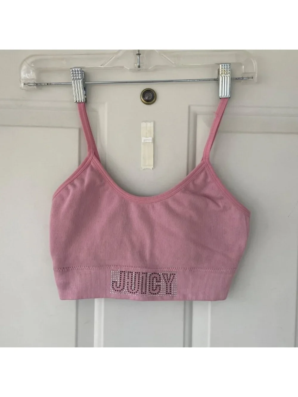 Y2K Juicy Couture Rhinestone Spellout Sports Bra Pale Pink M Adjustable Glam